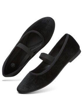 Velvet Mary Jane Flats Slip-On Ballet Shoes Elastic Strap Round Toe